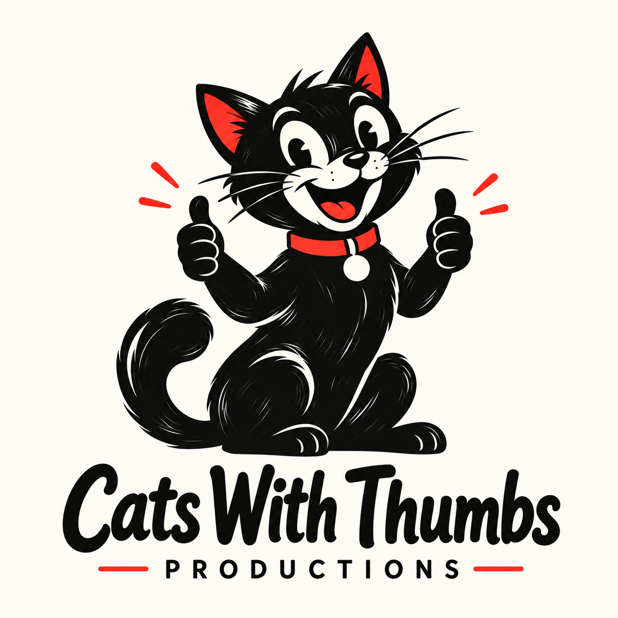 Cats With Thumbs Productions: a cheerful black cat giving two thumbs up